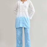 White And Blue Cotton Chikankari Suit Set