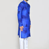 Royal Blue Cotton Silk Kurta Set With Floral Print
