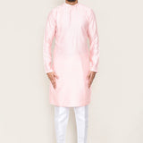 Pastel Pink Jacquard Silk Kurta Set With Designer Neck