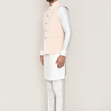 Ivory Art Silk Kurta Set With Beige Jacket