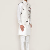 White Art Silk Kurta Set With White Cotton Jacket