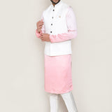 White To Pink Gradient Art Silk Kurta Set With Cotton Jacket