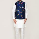 White Art Silk Kurta Set With Blue Cotton Jacket