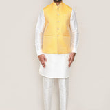 White Art Silk Kurta Set With Yellow Jacket