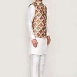 White Art Silk Kurta Set With Multicolour Jacket