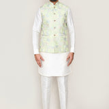White Art Silk Kurta Set With Pista Green Jacket