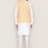 Off White Art Silk Kurta Set With Orange Jacket