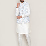 White Art Silk Kurta Set With Cotton Jacket