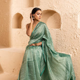 Pale Teal Chanderi Saree With Zari Stripes