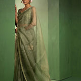 Sage Green Silk Organza Saree With Embroidery Design