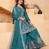 Teal Blue Embroidered Crepe Sharara Set