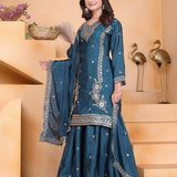 Teal Green Embroidered Crepe Sharara Set
