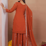 Dark Orange Floral Embroidered Georgette Sharara Set