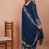 Dark Teal Blue Floral Embroidered Georgette Kurta Set