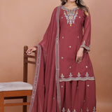 Earthy Brown Georgette Embroidered Sharara Set