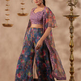 Bluish Grey Organza Floral Printed Indo-Western Co-Ord Set