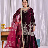 Wine Velvet Embroidered Sharara Set