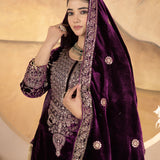 Dark Wine Velvet Embroidered Kurti Set