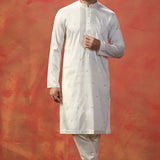 White Off Silk Blend Embroidered Kurta