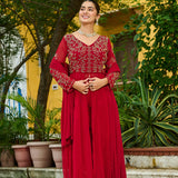 Red Faux Blooming Embroidered Anarkali Set With Slit