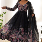 Powdered Black Organza Floral Printed Anarkali Set