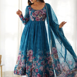 Aqua Blue Organza Floral Printed Anarkali Set