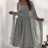 Sky White Organza Floral Printed Anarkali Set