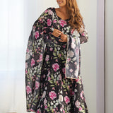 Matte Black Organza Floral Printed Anarkali Set