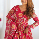 Brink Pink Organza Floral Printed Anarkali Set