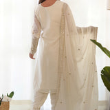 Off White Silk Embroidered Kurta Set