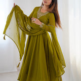 Mehandi Georgette Embroidered Anarkali Set