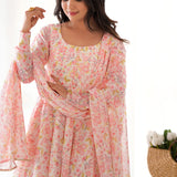 Light Peach Organza Floral Printed Anarkali Set