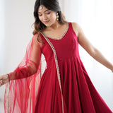 Vintage Maroon Chanderi Solid Anarkali Set