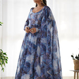 Ocean Blue Organza Floral Printed Anarkali Set