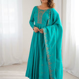 Turquoise Chanderi Embroidered Anarkali Set