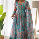 Azure Blue Organza Floral Printed Anarkali Set