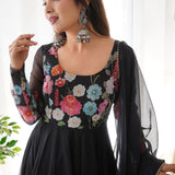 Crayon Black Organza Floral Printed Anarkali Set