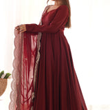 Blood Maroon Chanderi Solid Pattern Anarkali Set