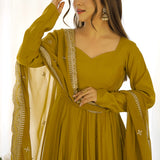 Bright Mehndi Chanderi Solid Pattern Anarkali Set