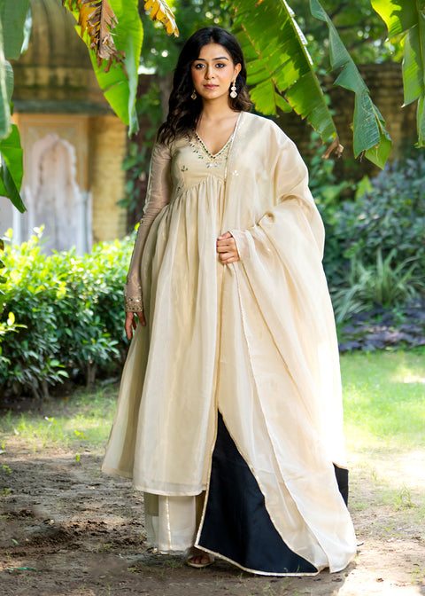 <img> Pastel Cream Tissue Solid Anarkali Set