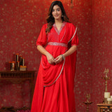 Scarlet Red Crepe Belt Draped Solid Dupatta Dress