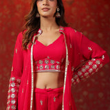 Red Georgette Embroidered Indo-Western Choli Set