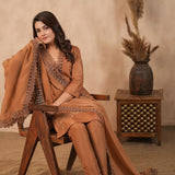 Chocolate Brown Russian Silk Embroidered Kurti Set