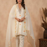 Off White Russian Silk Embroidered Kurti Set