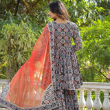 Black Cotton Floral Printed Gharara Set