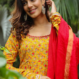 Corn Yellow French Crepe Printed Anarkali Set