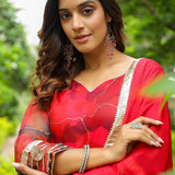 Rose Red Organza Abstract Printed Sharara Set