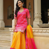 Pink And Yellow Brocade Bandhani Printed Sharara Set