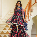 Dark Night Blue Organza Floral Sharara Set