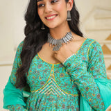 Turquoise Blue Cotton Floral Printed Anarkali Set